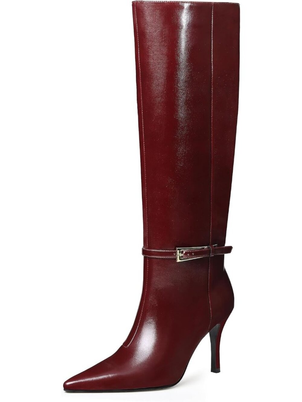Women's Burgundy Stiletto High Heel 3.3in Side Zipper Pointed Toe Metal Buckle